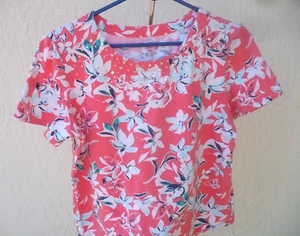 CORAL BAY P M PEACH ORANGE KNIT TOP TURQUOISE FLOWERS RHINESTONE BLOUSE WOMEN - Picture 1 of 4