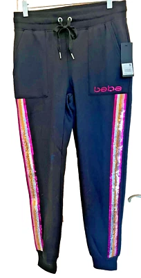 New - bebe Women’s Sequin Striped Jogger Pants Black Size S Drawstring - Image 1 of 4