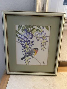 EMBROIDERED Framed Birds With Purple Flowers Wall Art - Picture 1 of 6
