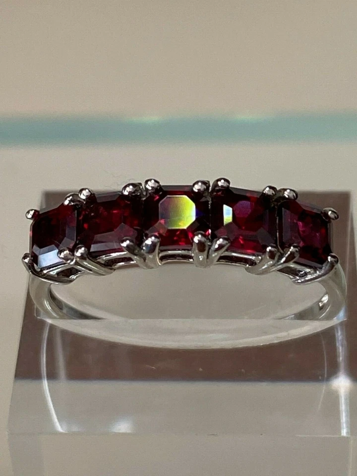 Asscher Cut Pyrope Garnet 5 Stone Ring in Platinum Over Sterling Silver (size 9) - Image 1 of 4