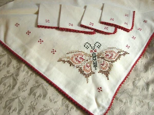 Vintage 20s 30s Tablecloth Embroidered Butterflies 35" Xstitch NOS 4 Napkins - Picture 1 of 5