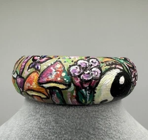 Hand Painted Wooden Bangle Bracelet Boho Hippie Yin Yang Peace Mushrooms OOAK - Picture 1 of 24