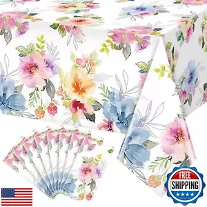 8Pcs Spring Floral Tablecloth,Watercolor Pink Purple Blue Flower Plastic Tabl - Picture 1 of 5