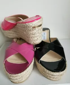 JIMMY CHOO PAISLEY PATENT GOLD LOGO PLATE ESPADRILLES SLIDES WEDGES I LOVE SHOES - Picture 1 of 15