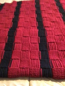 Handmade Crochet Afghan/Throw Blanket / Red & Black 55" x 44" Basket Weave Desig - Picture 1 of 6