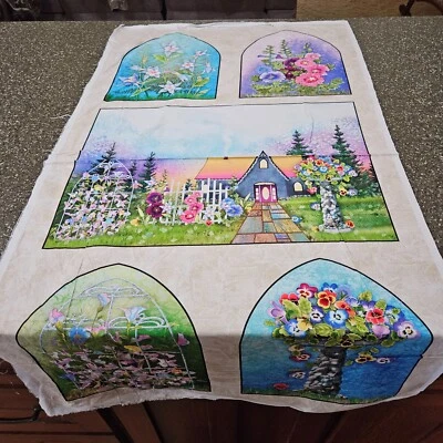Garden Delight Panel 23x42 P&B Textiles Flowers Cottage Trellis Birdbath Blocks - Image 1 of 4