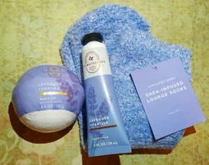 Bath & Body Works Lavender + Vanilla 3 piece set, shea socks, lotion, bath fizzy - Picture 1 of 4