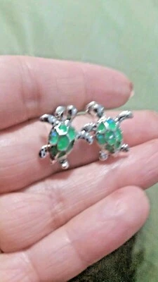 NEW Tiny Turtle Earrings Metal and Green Imitation Fire Opal#540 - Image 1 of 3