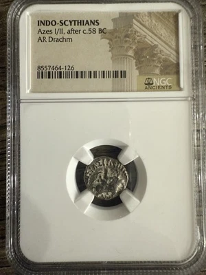 Indo-Scythians after c.58 BC AR Drachm - Azes I/II Ancient Coin- NGC, BIBLE COIN - Image 1 of 4