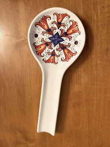 Italian Ceramica Cuore Spoon Rest Floral Orange & Purple On White 11 Inch - Picture 1 of 6