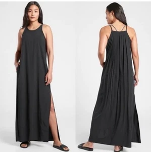 Athleta Hayes Pleated Maxi Dress Black Relaxed Fit Flowy Slit Size xs NWOT tag - Picture 1 of 9