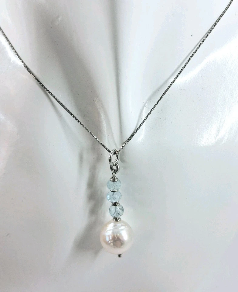 Collana in argento 925 con perla barocca bianca 10/12 mm e acquamarina naturale  - Immagine 1 di 4