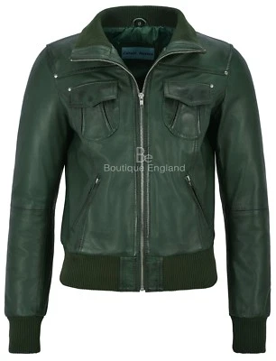 Ladies Leather Jacket Green Bomber Biker Motorcycle Style 100% NAPA 3758 - Image 1 of 4