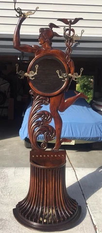 Rare QuarterSawn Oak Figural Mercury Umbrella/Hall Stand W/ Mirror & Coat Hooks Cover