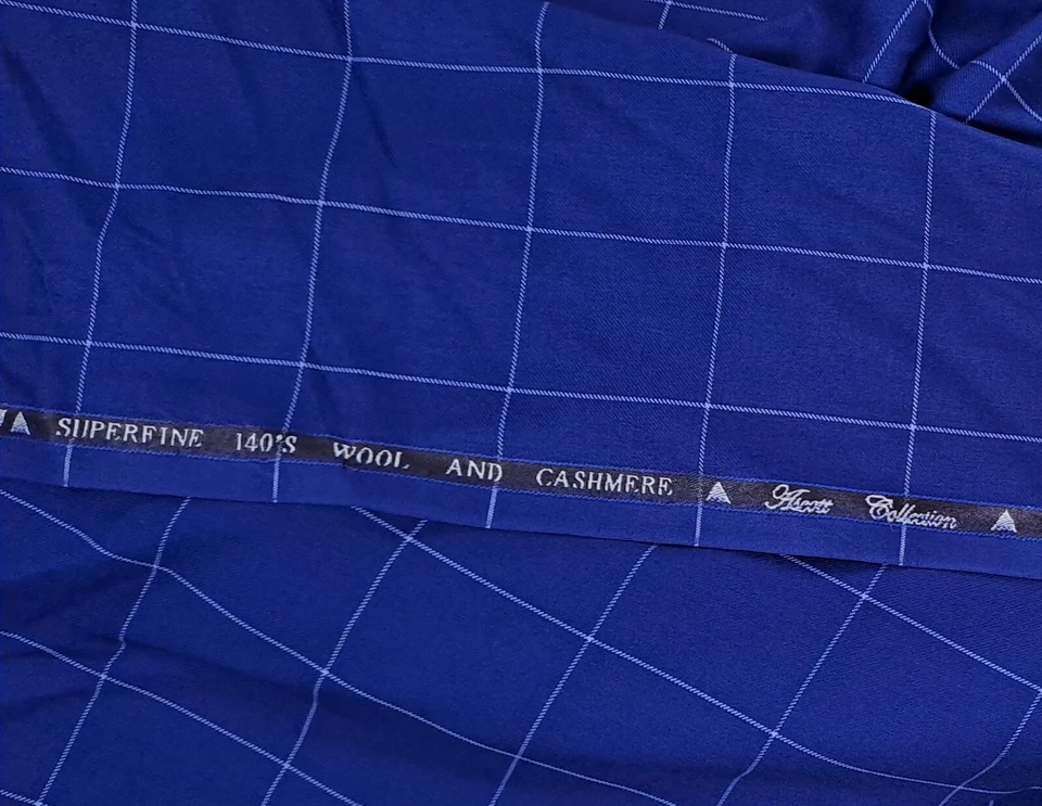 Blue in White windowpane box Checked Suiting Fabric Super 180s Wool Cloth - Image 1 of 1
