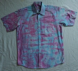 Tie Dye Pink Blue Striped Short Sleeve Button Up Shirt - Large Mens Hand Made 16 - Picture 1 of 6