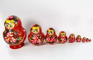 Russian Vtg. Matryoshka Nesting Dolls Hand Painted 8 Piece Set Family Babushka - Picture 1 of 14