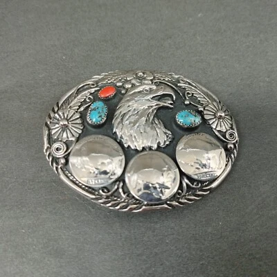 Vintage SSI Eagle Buffalo Nickle Belt Buckle Turquoise USA Southwestern Native - Image 1 of 4
