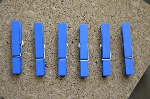 Set/6 BLUE wooden clothespin bulletin board pushpins, thumbtacks, or magnets - Picture 1 of 6
