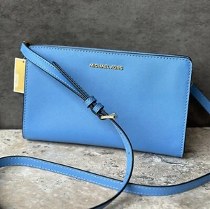 Michael Kors Blue Crossbody Bag Jet Set Travel Leather Zip Clutch Women Purse - Picture 1 of 13