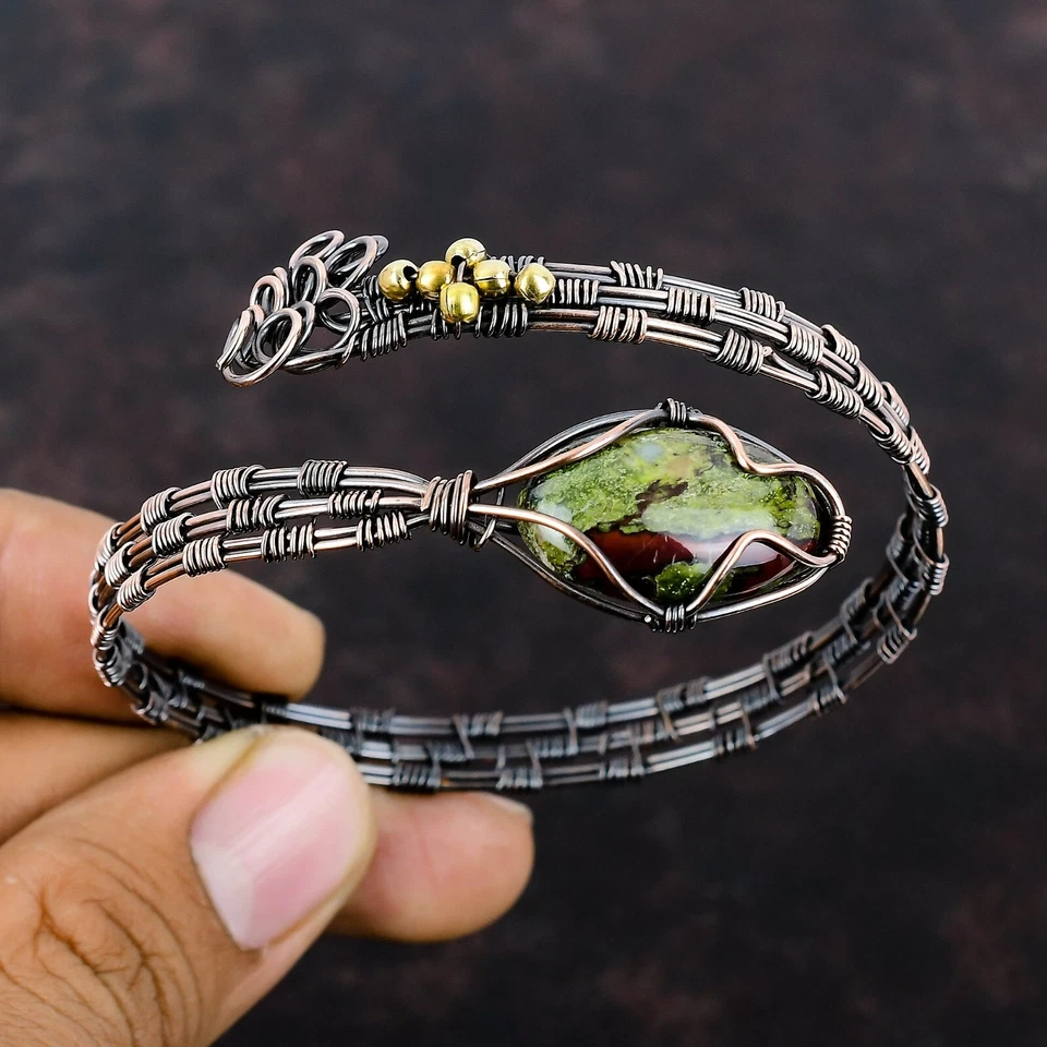 Natural Dragon Bloodstone Bangle Wire Wrapped Green Adjustable Unknown Copper - Image 1 of 4