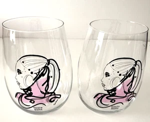 Kosta Boda Set of 2 Stemless Clear Wine Glasses w/ Elegant Lady Sweden 6" Height - Picture 1 of 3