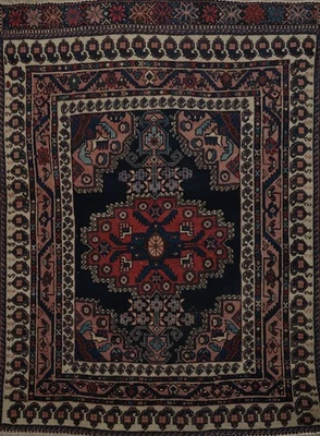 Antigua alfombra de vestíbulo azul marino tinte vegetal 3x4 lana anudada a mano alfombra tribal Foto 1 de 4