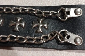 Custom black Leather double snaps Wrist Cuff 2 chains handmade USA 4 crosses - Picture 1 of 12