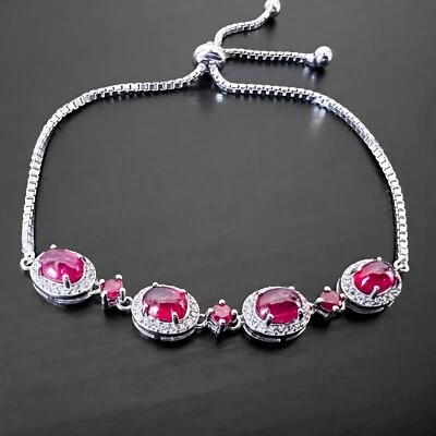 Подлинный овальный красный рубин Cz 14K белое золото пластина 925 пробы браслет 9» - Изображение 1 из 4