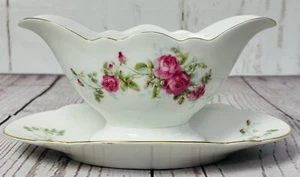 Vintage KPM Krister Porcelain Germany Rose Gravy Boat & Attached Underplate - Picture 1 of 6