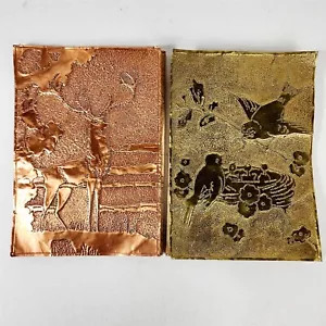 2 Vintage Punched Metal Art Copper Elk Brass Birds 7" x 10" - Picture 1 of 9