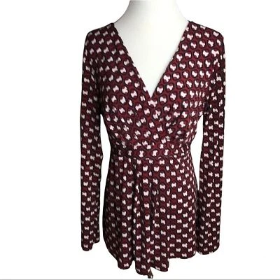 Daisy Fuentes Womens Size L V Neck Crossover Wrap Blouse Wine White Gray Knit - Image 1 of 4