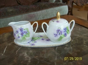 Creamer & Sugar Bowl Serving Platter Porcelain Violet Floral Handpainted Signed - Picture 1 of 10