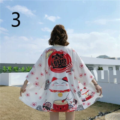 Lady Girl Japanese Kimono Coat Lucky Cat Loose Yukata Outwear Top Fortune Jacket - Image 1 of 4