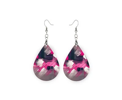 Pink and Black Abstract Wood Dangle Teardrop Print Earrings Jewelry - Image 1 of 4