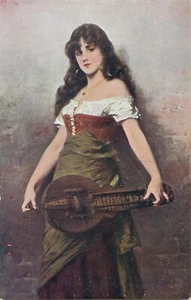 c.1915 The Stranger, Artist N. Sichel; Beautiful Woman with Mandolin, PC, Mint - Picture 1 of 2