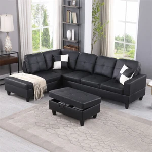 Black Faux Leather 3-Piece Couch Living Room Sofa Set Convertible Ottoman Chaise - Picture 1 of 15