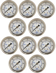 10 PACK LIQUID FILLED PRESSURE GAUGE 0-30 PSI, 2" FACE, 1/4" BACK MOUNT - Picture 1 of 3
