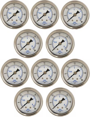 10 PACK LIQUID FILLED PRESSURE GAUGE 0-30 PSI, 2" FACE, 1/4" BACK MOUNT - Image 1 of 3