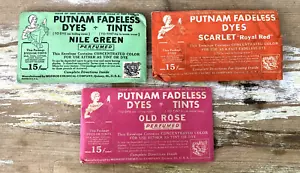 Vintage Putnam Fadeless Dyes 3 confezioni rosa antica verde scarlatto Nilo anni '20 - Foto 1 di 5