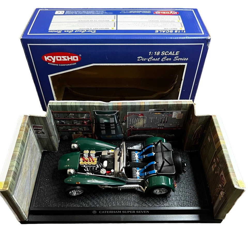 Modelo de coche verde fundido a presión Kyosho escala 1:18 Caterham Super Seven con caja y exhibición Foto 1 de 4