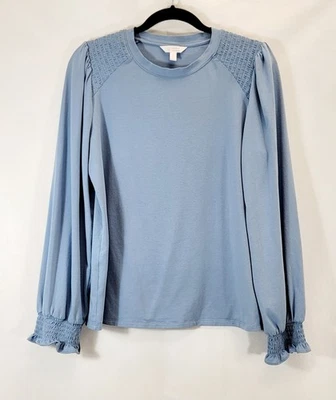 LC Lauren Conrad Shirt Women Large Blue Long Sleeve Smocked Shoulders  - Image 1 of 4