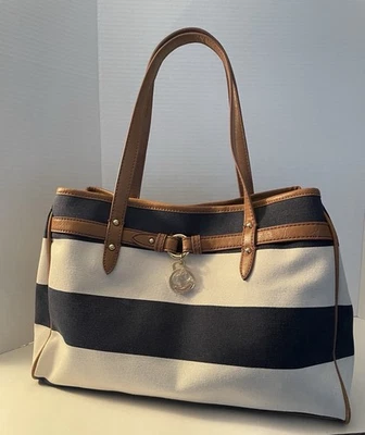 Tommy Hilfiger Striped Canvas Tote Shopper Shoulder Bag Blue-Ivory/Cream Purse - Image 1 of 4