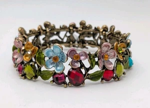 Vintage Summer Garden Floral Enameled Multi Color Crystals bangle Bracelet 7" - Picture 1 of 8