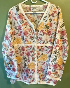 amazing ORVIS L IVORY YELLOW RED PINK GREEN 100% COTTON BUTTON-UP TOP shirt - Picture 1 of 2