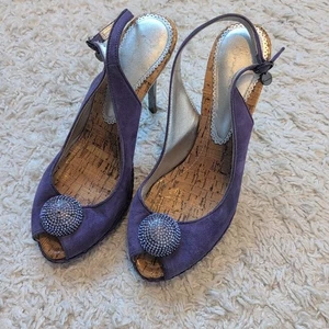 Bourne High Heel Shoes Purple Suede Leather Cork Sole EUR41 UK8 Peep Toe - Picture 1 of 9