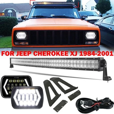 50" Curved LED Light Bar & 7x6" Headlight & Mount Brackets for Jeep Cherokee XJ Foto 1 de 4