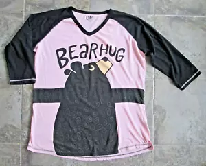 Lazy One Women's Large Pajama Shirt Tall Tee Bear Hug Black Pink Raglan Cotton - Picture 1 of 5