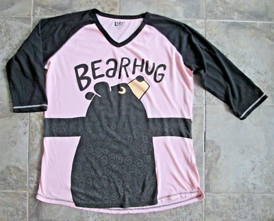 Lazy One Women's Large Pajama Shirt Tall Tee Bear Hug Black Pink Raglan Cotton - Image 1 of 4