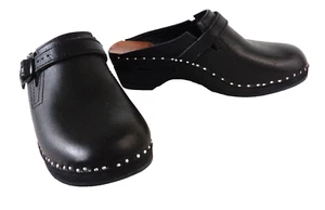BASTAD-ORIGINAL EUR 38 US 7.5M 8M Negro Cuero Liso Madera Zueco Zapatos SUECIA - Imagen 1 de 8